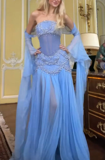 A Line Off The Shoulder Maxi Long Party Light Blue Chiffon Prom Dresses Evening Dress SD2395 HZ0628
